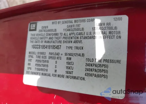 2001 Chevrolet S-10 Ls из США, поврежденный, VIN 1GCCS195418185457